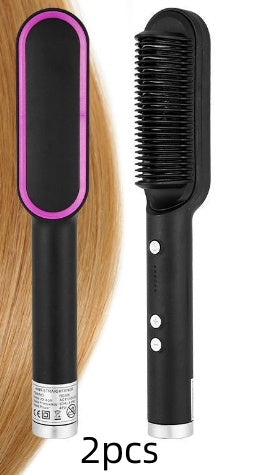 New 2 In 1 Hair Straightener Hot Comb Negative Ion Curling Electric Hair Brush 2pcs Black US