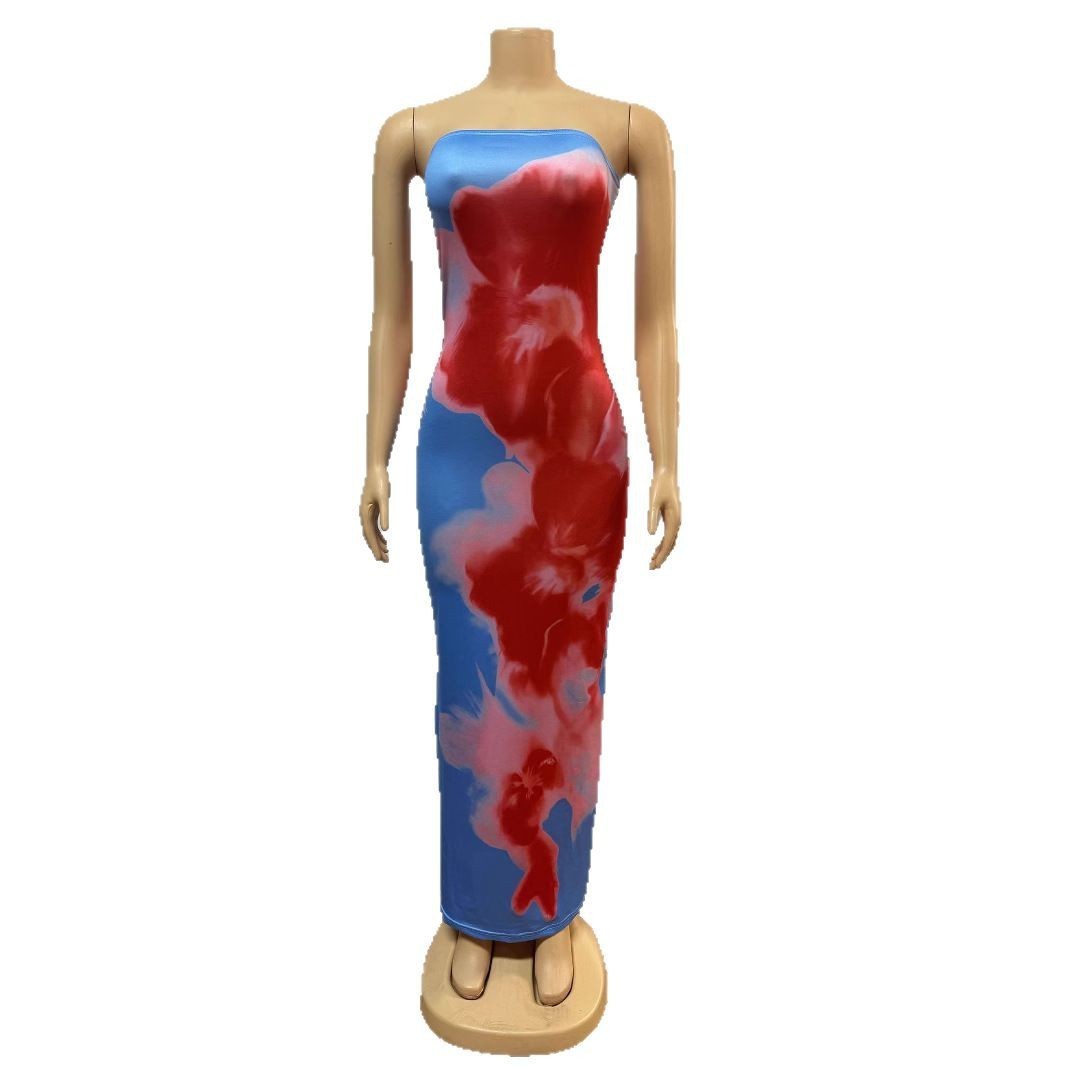 Contrast Color Floral Sexy Tube Top Dress