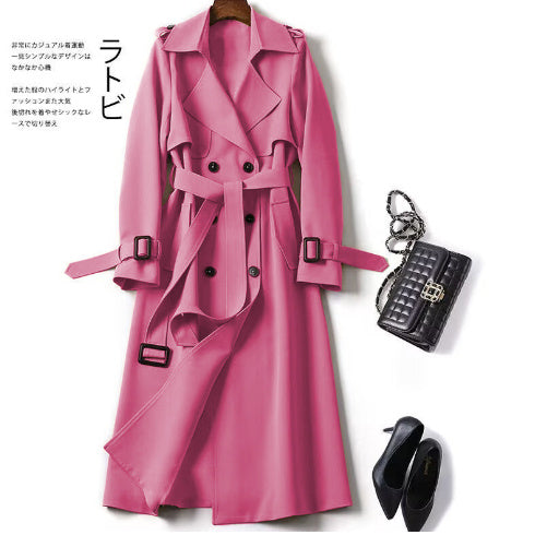 Double-breasted Mid-length Tie Trench Coat Purple pink