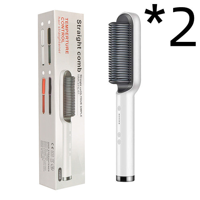 New 2 In 1 Hair Straightener Hot Comb Negative Ion Curling Electric Hair Brush 2pcs White US With box