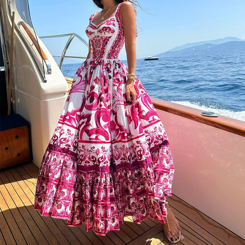 Printed Sleeveless Dress For Women Rose Red