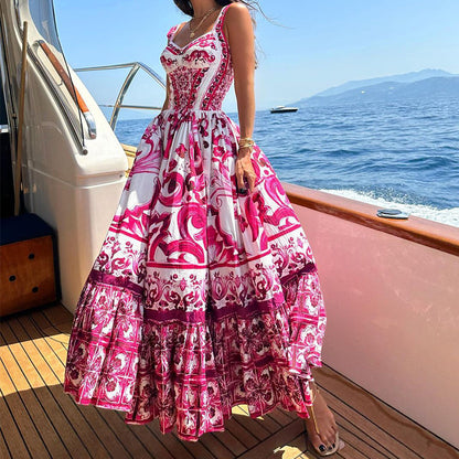 Printed Sleeveless Dress For Women Rose Red
