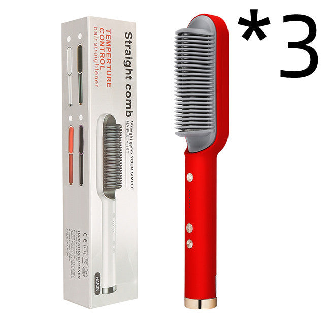 New 2 In 1 Hair Straightener Hot Comb Negative Ion Curling Electric Hair Brush 3pcs Red US With box
