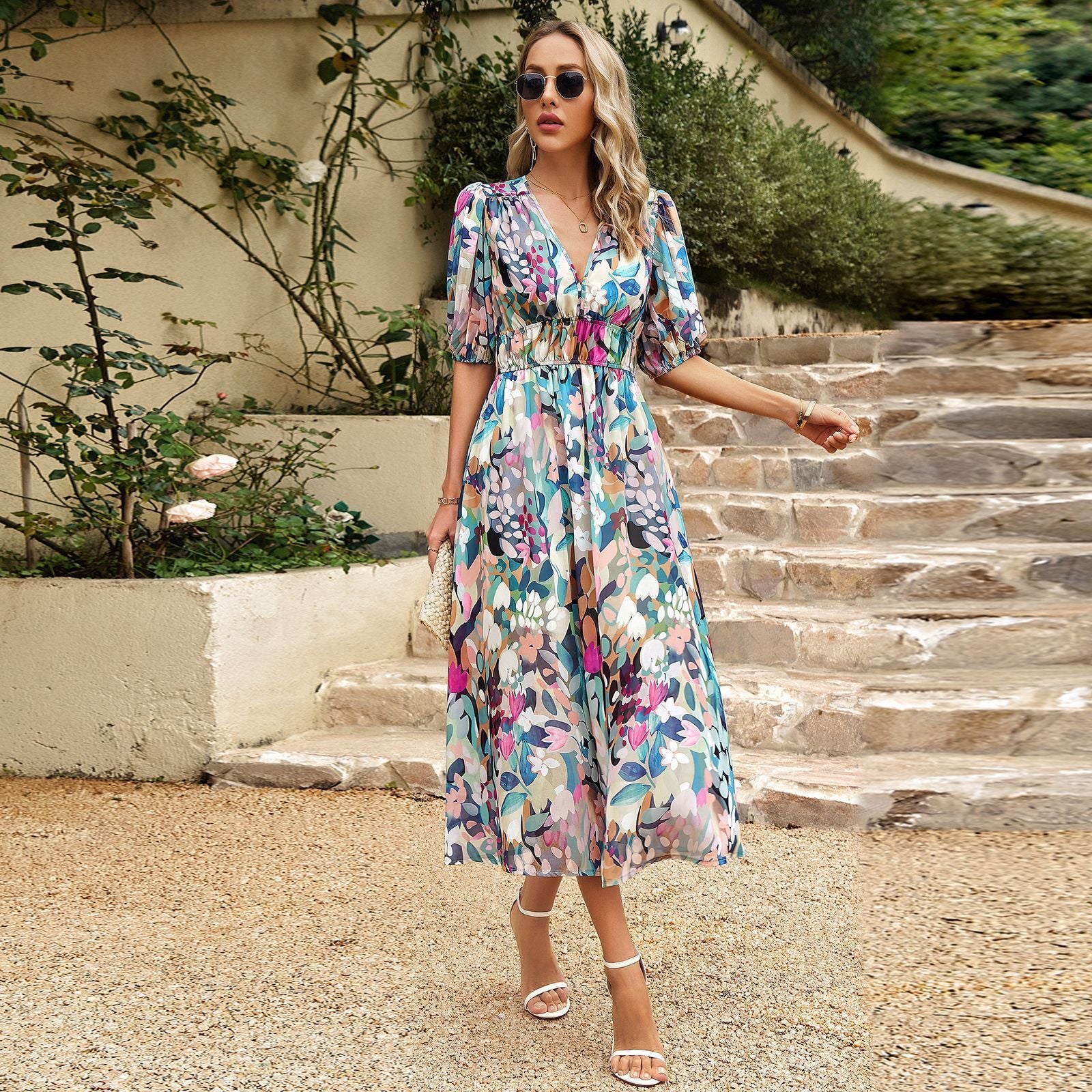 New V-neck Printed Short-sleeved Long Dress Summer Fashion For Women Clothing Green