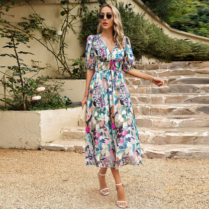 New V-neck Printed Short-sleeved Long Dress Summer Fashion For Women Clothing Green